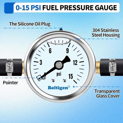 Boltigen Fuel Pressure Gauge, 1/8'' NPT Inline Fuel Pressure Guage Kit with 3/8'' Barb, Stainless Steel, 0-15Psi Glycerin Filled, Center Back Mount (Black) in Saudi Arabia