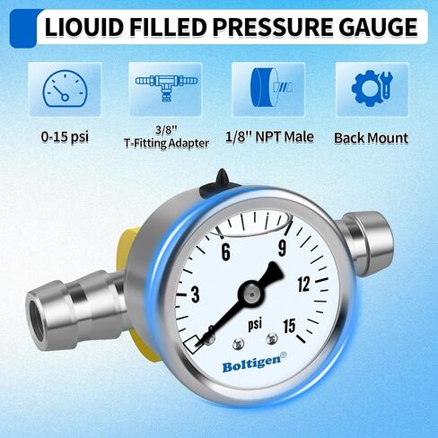 Boltigen Fuel Pressure Gauge, 1/8'' NPT Inline Fuel Pressure Guage Kit with 3/8'' Barb, Stainless Steel, 0-15Psi Glycerin Filled, Center Back Mount (Black) in Saudi Arabia