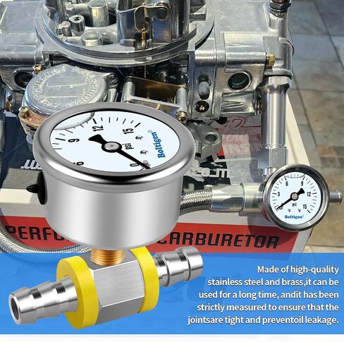 Boltigen Fuel Pressure Gauge, 1/8'' NPT Inline Fuel Pressure Guage Kit with 3/8'' Barb, Stainless Steel, 0-15Psi Glycerin Filled, Center Back Mount (Black) in Saudi Arabia