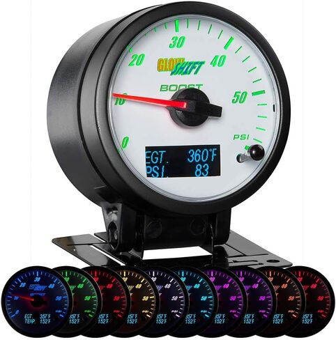 مجموعة أدوات قياس التعزيز GlowShift 3in1 التناظرية 60 رطل لكل بوصة مربعة مع درجة حرارة غاز العادم الرقمية 2200 فهرنهايت EGT وقراءات ضغط 150 رطل لكل بوصة مربعة - 10 ألوان LED قابلة للاختيار - قرص أبيض - عدسة شفافة - 2-3/8 بوصة 60 مم in Kuwait
