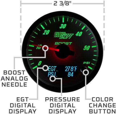 مجموعة أدوات قياس التعزيز GlowShift 3in1 التناظرية 60 رطل لكل بوصة مربعة مع درجة حرارة غاز العادم الرقمية 2200 فهرنهايت EGT وقراءات ضغط 150 رطل لكل بوصة مربعة - 10 ألوان LED قابلة للاختيار - قرص أبيض - عدسة شفافة - 2-3/8 بوصة 60 مم in Kuwait