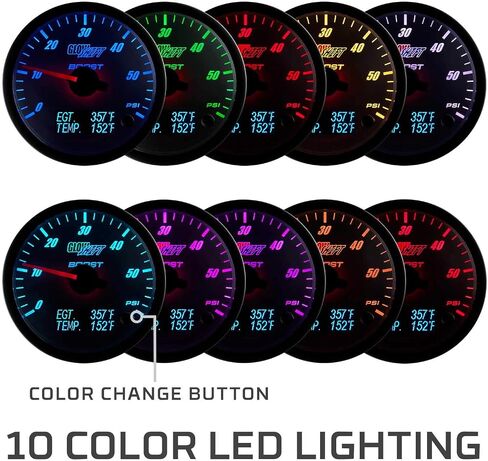 مجموعة أدوات قياس التعزيز GlowShift 3in1 التناظرية 60 رطل لكل بوصة مربعة مع درجة حرارة غاز العادم الرقمية 2200 فهرنهايت EGT وقراءات ضغط 150 رطل لكل بوصة مربعة - 10 ألوان LED قابلة للاختيار - قرص أبيض - عدسة شفافة - 2-3/8 بوصة 60 مم in Kuwait