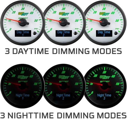 مجموعة أدوات قياس التعزيز GlowShift 3in1 التناظرية 60 رطل لكل بوصة مربعة مع درجة حرارة غاز العادم الرقمية 2200 فهرنهايت EGT وقراءات ضغط 150 رطل لكل بوصة مربعة - 10 ألوان LED قابلة للاختيار - قرص أبيض - عدسة شفافة - 2-3/8 بوصة 60 مم in Kuwait