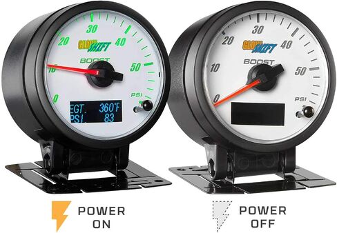 مجموعة أدوات قياس التعزيز GlowShift 3in1 التناظرية 60 رطل لكل بوصة مربعة مع درجة حرارة غاز العادم الرقمية 2200 فهرنهايت EGT وقراءات ضغط 150 رطل لكل بوصة مربعة - 10 ألوان LED قابلة للاختيار - قرص أبيض - عدسة شفافة - 2-3/8 بوصة 60 مم in Kuwait