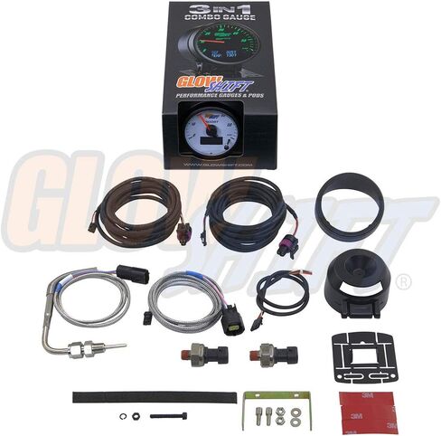 مجموعة أدوات قياس التعزيز GlowShift 3in1 التناظرية 60 رطل لكل بوصة مربعة مع درجة حرارة غاز العادم الرقمية 2200 فهرنهايت EGT وقراءات ضغط 150 رطل لكل بوصة مربعة - 10 ألوان LED قابلة للاختيار - قرص أبيض - عدسة شفافة - 2-3/8 بوصة 60 مم in Kuwait