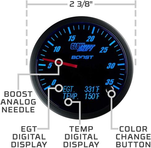 مجموعة أدوات قياس التعزيز GlowShift 3in1 التناظرية 35 رطل لكل بوصة مع مقياس رقمي 2200 فهرنهايت درجة حرارة غاز العادم EGT وقراءات درجة الحرارة 300 فهرنهايت - 10 ألوان LED قابلة للاختيار - قرص أسود - عدسة شفافة - 2-3/8 بوصة 60 مم in Saudi Arabia