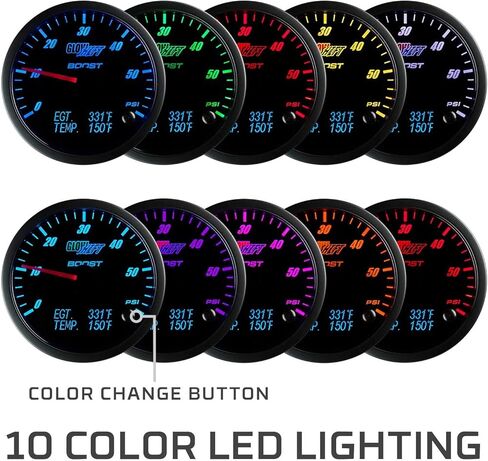 مجموعة أدوات قياس التعزيز GlowShift 3in1 التناظرية 35 رطل لكل بوصة مع مقياس رقمي 2200 فهرنهايت درجة حرارة غاز العادم EGT وقراءات درجة الحرارة 300 فهرنهايت - 10 ألوان LED قابلة للاختيار - قرص أسود - عدسة شفافة - 2-3/8 بوصة 60 مم in Saudi Arabia