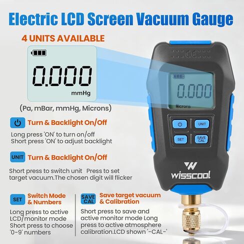مقياس فراغ رقمي ميكرون، جهاز قياس الضغط الرقمي HVAC، شاشة LCD، إشعار إنذار، تعويض درجة الحرارة، 7/16 بوصة - 20 UNF، وصلة تمديد SAE 1/4 بوصة - أزرق (4 وحدات) in Kuwait