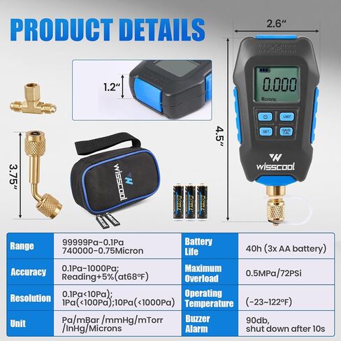 مقياس فراغ رقمي ميكرون، جهاز قياس الضغط الرقمي HVAC، شاشة LCD، إشعار إنذار، تعويض درجة الحرارة، 7/16 بوصة - 20 UNF، وصلة تمديد SAE 1/4 بوصة - أزرق (4 وحدات) in Kuwait
