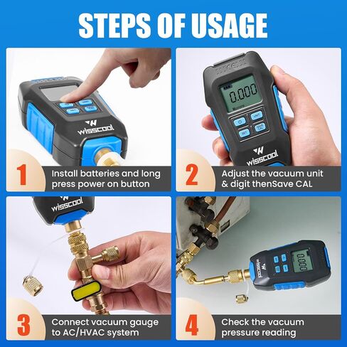 مقياس فراغ رقمي ميكرون، جهاز قياس الضغط الرقمي HVAC، شاشة LCD، إشعار إنذار، تعويض درجة الحرارة، 7/16 بوصة - 20 UNF، وصلة تمديد SAE 1/4 بوصة - أزرق (4 وحدات) in Kuwait