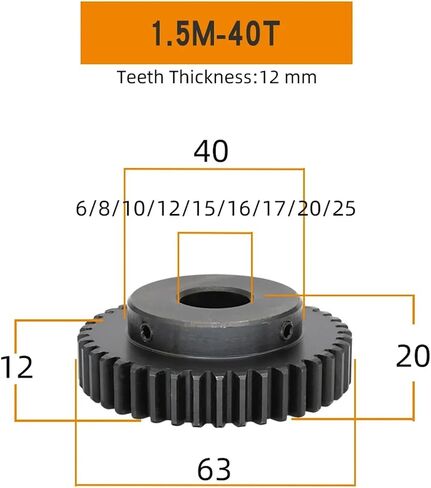 1.5M40T حفز والعتاد 40 الأسنان الكربون الصلب SC45 عجلة سمك 12 مللي متر تتحمل 6-25 مللي متر 1 قطعة (16 مللي متر) in Kuwait