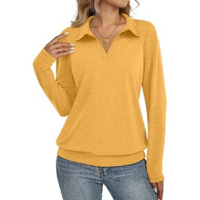 Womens Polo Shirts Long Sleeve Banded Bottom Tops Business Casual Tops Collared V Neck Blouses in Kuwait