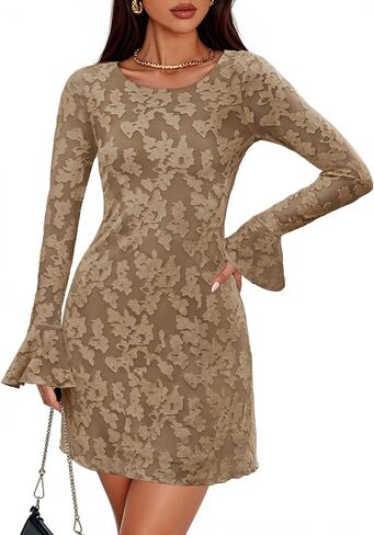 ZESICA Fall Mini Dresses for Women 2025 Long Sleeve Floral Mesh Crewneck Bodycon Cocktail Party Club Short Dress in Saudi Arabia