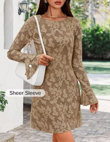 ZESICA Fall Mini Dresses for Women 2025 Long Sleeve Floral Mesh Crewneck Bodycon Cocktail Party Club Short Dress in Saudi Arabia