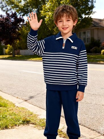 Kangkang Boys Clother Quarter Zip Twlar Sweatshirt مخطط أعلى وسروال رياضي صلبة 2 PCS Winter Winter Fall Fall Falls مجموعة 4-12Y in Saudi Arabia