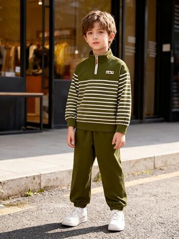 KANGKANG Boys Clothes Quarter Zip Collar Striped Sweatshirt Top and Solid Sweatpants 2 Pcs Winter Kids Fall Outfits Set 4-12Y in Kuwait