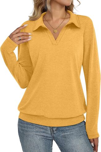 Womens Polo Shirts Long Sleeve Banded Bottom Tops Business Casual Tops Collared V Neck Blouses in Saudi Arabia