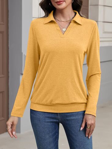 Womens Polo Shirts Long Sleeve Banded Bottom Tops Business Casual Tops Collared V Neck Blouses in Saudi Arabia