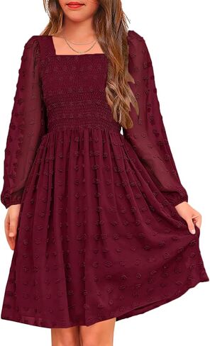Hosika Girls Long Sleeve Dress Swiss Dot Square Neck Decked Dresses مع جيوب 6-12 سنة in Saudi Arabia