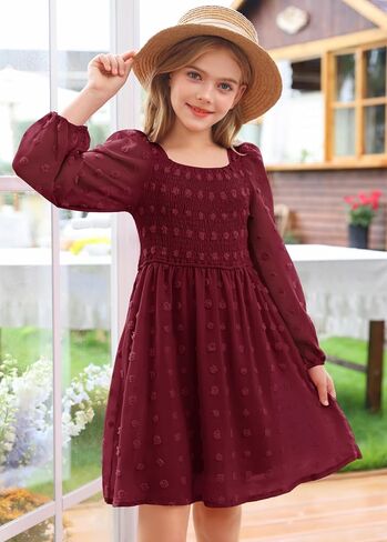 Hosika Girls Long Sleeve Dress Swiss Dot Square Neck Decked Dresses مع جيوب 6-12 سنة in Saudi Arabia