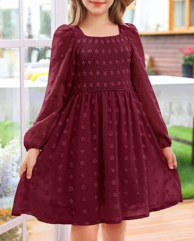 Hosika Girls Long Sleeve Dress Swiss Dot Square Neck Decked Dresses مع جيوب 6-12 سنة in Saudi Arabia