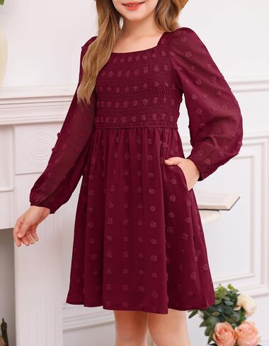 Hosika Girls Long Sleeve Dress Swiss Dot Square Neck Decked Dresses مع جيوب 6-12 سنة in Saudi Arabia