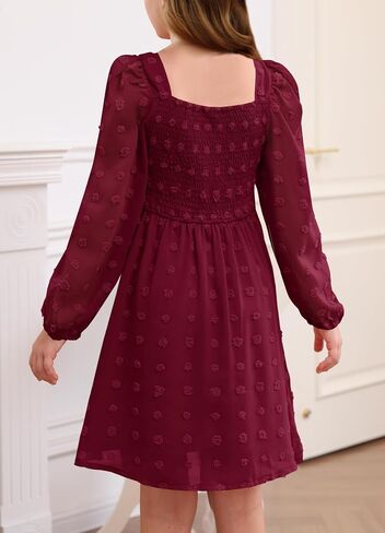 Hosika Girls Long Sleeve Dress Swiss Dot Square Neck Decked Dresses مع جيوب 6-12 سنة in Saudi Arabia