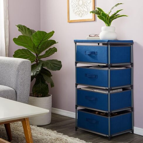 Juvale 4-Tier Tall Dresser with Drawers - 16.5 x 13 x 33 in, Navy Blue - Fabric Storage Drawers & Closet Organizer - Kids Dresser & Bedroom Storage in Kuwait