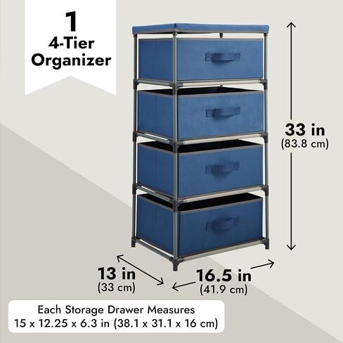 Juvale 4-Tier Tall Dresser with Drawers - 16.5 x 13 x 33 in, Navy Blue - Fabric Storage Drawers & Closet Organizer - Kids Dresser & Bedroom Storage in Kuwait