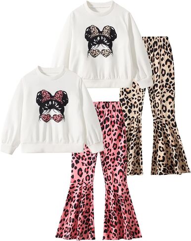 Kids Toddler Girl Clothes 4 Pieces Heart Graphic Print Top + Flared Pants Fall Winter Clothing Set 3-12Y in Saudi Arabia