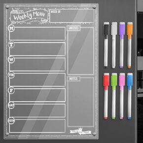 CHALKY CROWN Acrylic Magnetic Weekly Planner for Fridge - Menu Board for Kitchen with 8 Magnetic Markers - Weekly Meal Planner for Fridge with Grocery List & Notepad - Menu Planner (14.5x10.2) in Kuwait