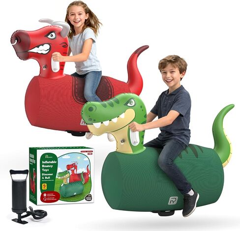 2 PCS Inflatable Bouncy Dinosaur Bull Hopper Toys with Pump, Giant Ride on Jumping Animals Outdoor Play Toys, 220 lbs Capacity, Indoor Bouncers for Kids Ages 5+, Fun Gift for Boys Girls in Kuwait