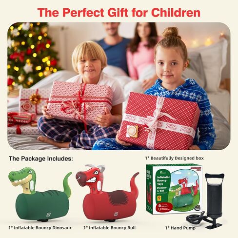 2 PCS Inflatable Bouncy Dinosaur Bull Hopper Toys with Pump, Giant Ride on Jumping Animals Outdoor Play Toys, 220 lbs Capacity, Indoor Bouncers for Kids Ages 5+, Fun Gift for Boys Girls in Kuwait