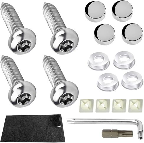 YALOK Anti Theft License Plate Screws Kits- Rustproof Stainless Steel Car Tag Plate Mounting Hardware, M6 (1/4") Tamper Proof Fastener Nut, Caps Cover for Front Rear Frame Holder Mounting（AT-Silver/4） in Kuwait