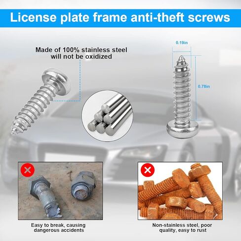 YALOK Anti Theft License Plate Screws Kits- Rustproof Stainless Steel Car Tag Plate Mounting Hardware, M6 (1/4") Tamper Proof Fastener Nut, Caps Cover for Front Rear Frame Holder Mounting（AT-Silver/4） in Kuwait