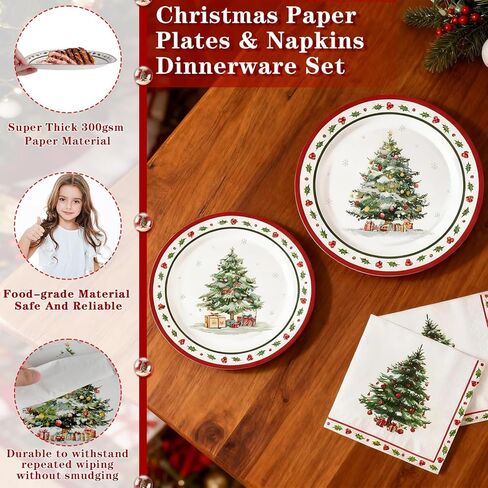 مجموعة أدوات المائدة الورقية والمناديل الورقية لعيد الميلاد من OuMuaMua 150 قطعة، مجموعة أدوات مائدة من التوت الهولي مقاس 9 بوصات/12 بوصة لعيد الميلاد والشتاء وعطلات العجائب وحفلات الزفاف وحفلات استقبال المولود الجديد، خدمة 50 in Kuwait
