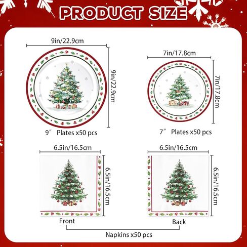 مجموعة أدوات المائدة الورقية والمناديل الورقية لعيد الميلاد من OuMuaMua 150 قطعة، مجموعة أدوات مائدة من التوت الهولي مقاس 9 بوصات/12 بوصة لعيد الميلاد والشتاء وعطلات العجائب وحفلات الزفاف وحفلات استقبال المولود الجديد، خدمة 50 in Kuwait