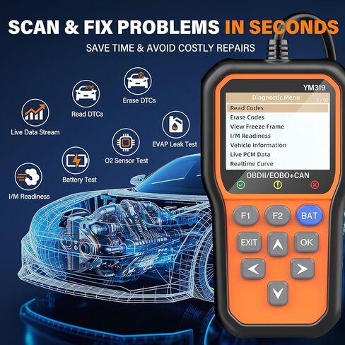 أداة تشخيص الماسح الضوئي BluSon YM319 obd2 مع اختبار البطارية، فحص قارئ رمز خطأ المحرك مع البيانات الحية، الطباعة السحابية، بحث DTC، إطار التجميد، أداة المسح الضوئي لجميع سيارات بروتوكول obdii منذ عام 1996 in Kuwait
