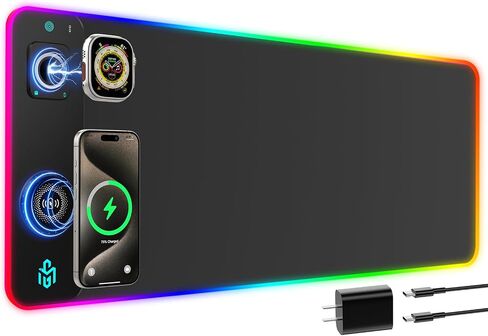 قاعدة ماوس ألعاب RGB للشحن اللاسلكي مع حامل هاتف قابل للطي، حصيرة ألعاب LED كبيرة مقاس 800 × 350 × 4 مم، 15 وضع إضاءة، مقاومة للماء، لوحة لوحة مفاتيح للكمبيوتر الشخصي، تتضمن محول طاقة PD بقدرة 20 وات in Kuwait
