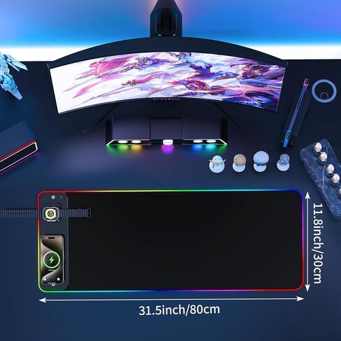 قاعدة ماوس ألعاب RGB للشحن اللاسلكي مع حامل هاتف قابل للطي، حصيرة ألعاب LED كبيرة مقاس 800 × 350 × 4 مم، 15 وضع إضاءة، مقاومة للماء، لوحة لوحة مفاتيح للكمبيوتر الشخصي، تتضمن محول طاقة PD بقدرة 20 وات in Kuwait