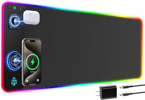قاعدة ماوس ألعاب RGB للشحن اللاسلكي مع حامل هاتف قابل للطي، حصيرة ألعاب LED كبيرة مقاس 800 × 350 × 4 مم، 15 وضع إضاءة، مقاومة للماء، لوحة لوحة مفاتيح للكمبيوتر الشخصي، تتضمن محول طاقة PD بقدرة 20 وات in Kuwait