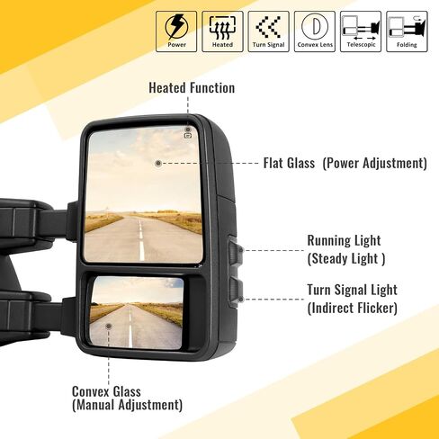 Towing Mirrors for 1999-2016 Ford F250 F350 F450 F550 Super Duty, 2000-2005 Ford Excursion with Power Glass Heated Function Turn Signal Light Running Light Pair Set with Adapter (Smoke lens) in Saudi Arabia