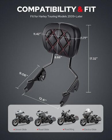 Benlari Passenger Sissy Bar Backrest, Quick Release Detachable Rear Backrest Sissy Bar Fit for Harley Davidson Touring Street Glide Road Glide Road King Electra Glide 2009-2024, Red in Saudi Arabia