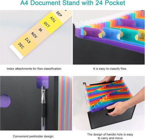 24 Pockets Expanding File Folders, Portable Accordion A4 Expandable File Organizer, Large Capacity Multicolour Stand Plastic Business File Bag for Business/Office/Study in Saudi Arabia
