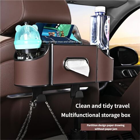 Car Rear Seat Storage Box, a Multi-Functional car seat Back Storage Box, 4-in-1 with 2 Cup Holders, a Tissue Box, a Phone Holder, and Hooks—Perfect for Family Trips and Daily commutes. (Black) in Saudi Arabia