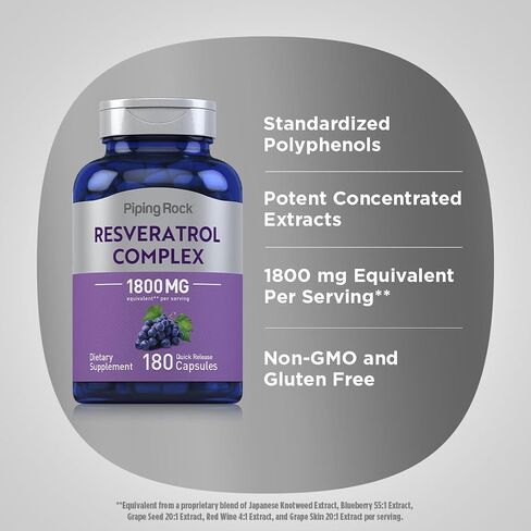 Piping Rock Resveratrol Supplement 100 mg | 180 Capsules | Defense | Grape Seed Extract | Non-GMO, Gluten Free in Saudi Arabia