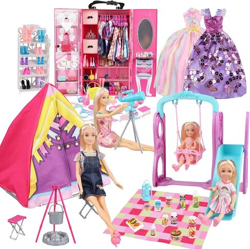180 Piece Doll Wardrobe&Toy Folding Wardrobe - Includes Folding Wardrobe+Swing Slide+Tent+Stargazing Set with Rich Accessories Stimulate Children's Imagination and Creativity in Saudi Arabia