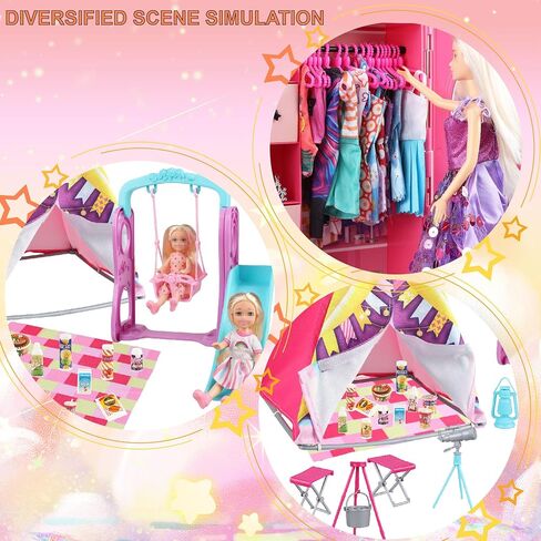 180 Piece Doll Wardrobe&Toy Folding Wardrobe - Includes Folding Wardrobe+Swing Slide+Tent+Stargazing Set with Rich Accessories Stimulate Children's Imagination and Creativity in Saudi Arabia