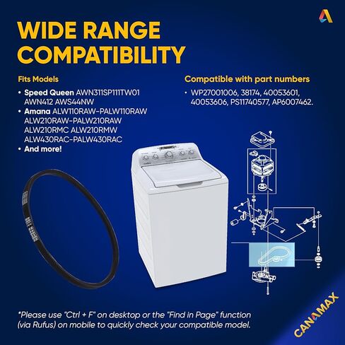 [جديد] حزام محرك الغسالة Canamax Premium 27001006 38174 - متوافق مع Whirpool Amana Maytag - يستبدل 38174 WP27001006 40053601 40053606 PS11740577 AP6007462 in Kuwait