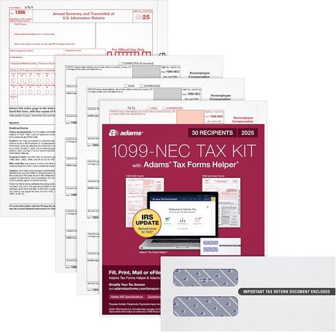Adams 1099 NEC Forms 2025, 3-Part Kit for 30 Recipients, Inkjet/Laser Printer Compatible, Includes 3 1096 Forms, 30 Self-Seal Security Envelopes, Access to Adams Tax Forms Helper (1017230) in Kuwait